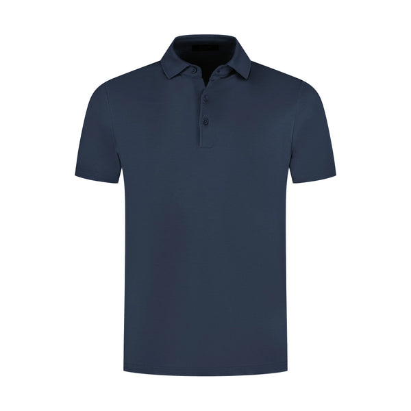 Navy blue polo shirt on a white background