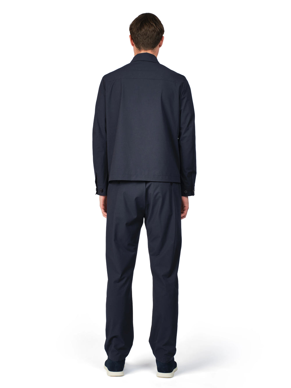 Man wearing a navy blue suit on a white background