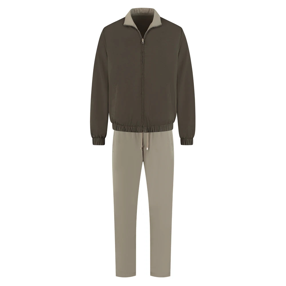 Brown jacket and beige pants set on a white background
