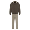 Brown jacket and beige pants set on a white background