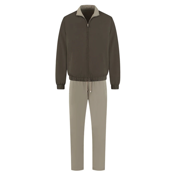 Brown jacket and beige pants set on a white background