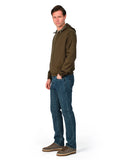 Man wearing a brown jacket and blue jeans on a white background