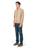 Man wearing a beige jacket and blue jeans on a white background