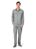 Man wearing a gray outfit on a white background