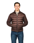 Man wearing a brown puffer jacket on a white background