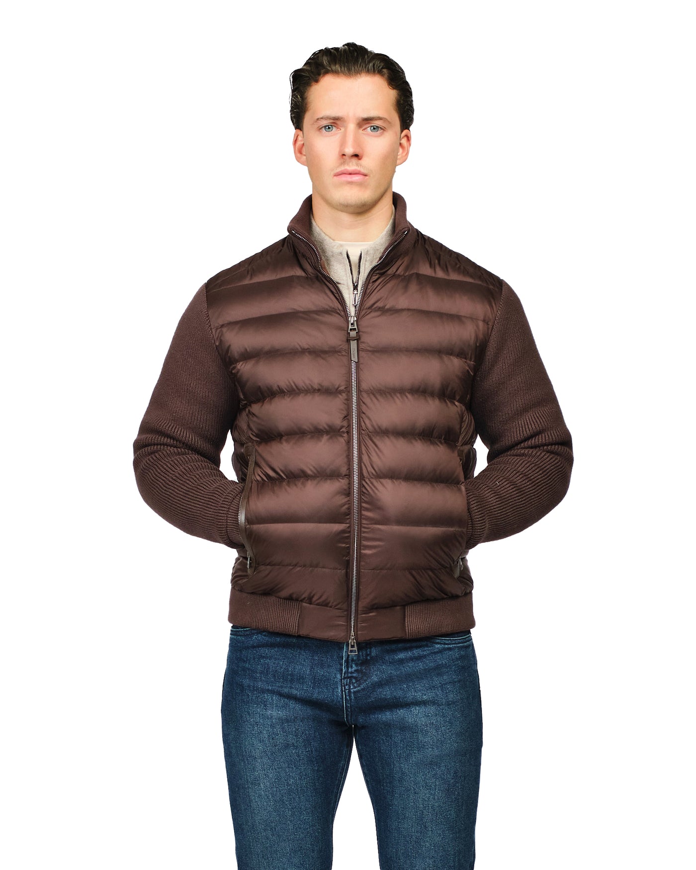 Man wearing a brown puffer jacket on a white background