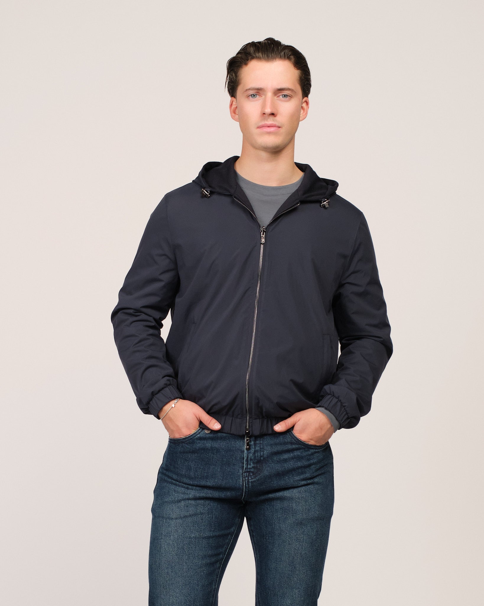 Reversible Hooded Wool City Jacket Double Navy