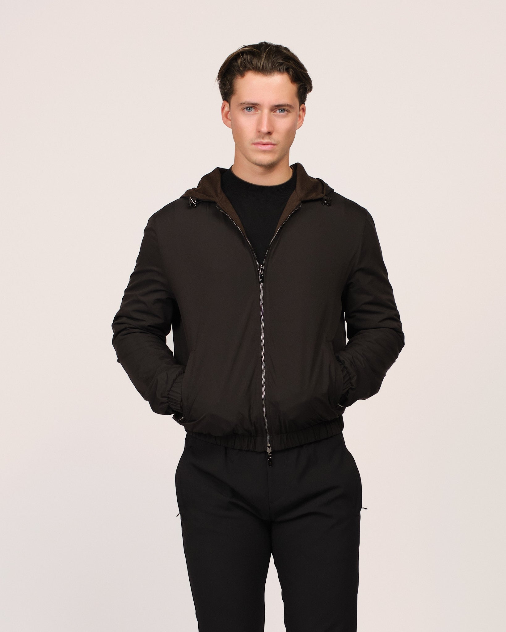 Reversible Hooded Wool City Jacket Brown Black