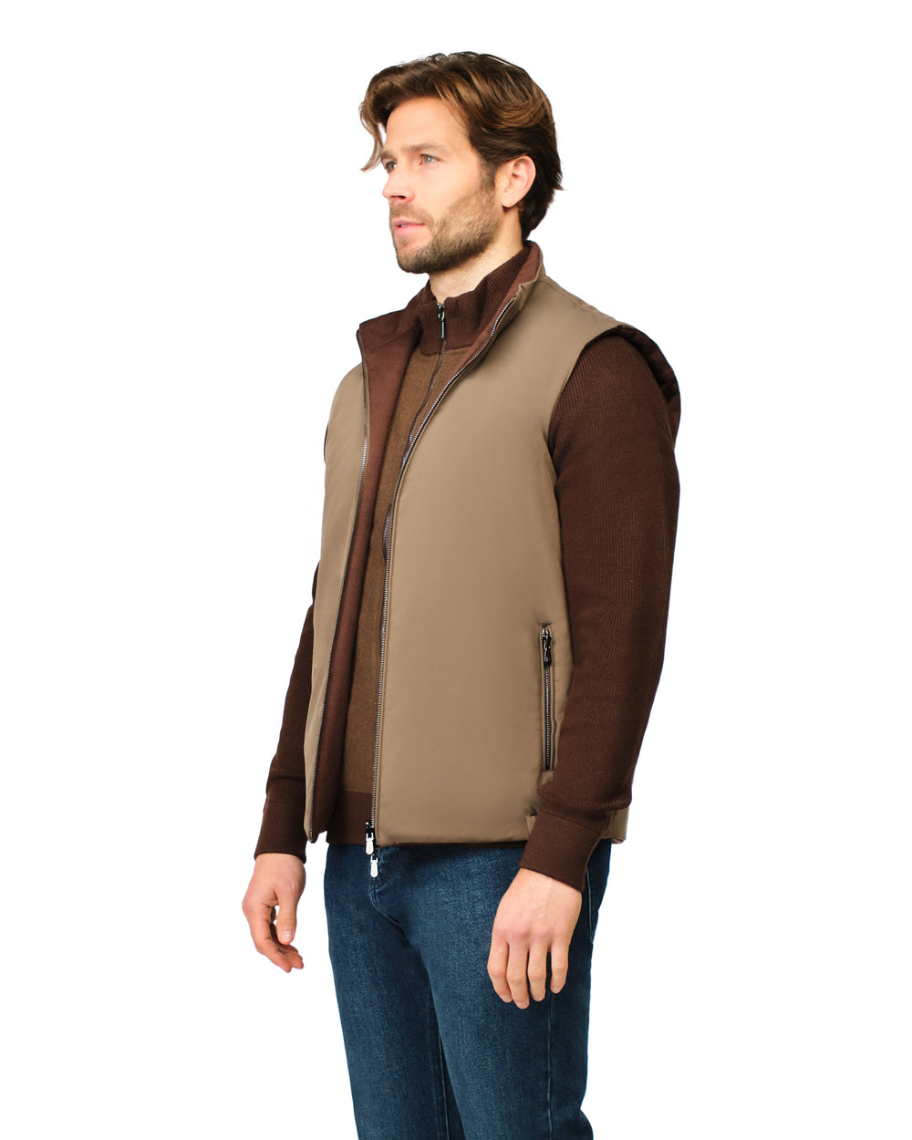 Man wearing a brown and beige vest on a white background