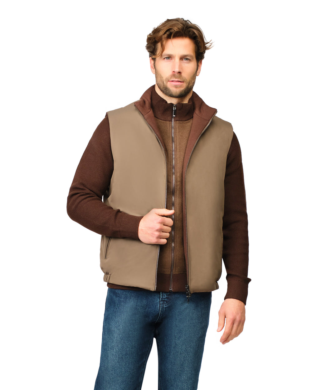 Man wearing a brown vest over a brown shirt on a white background