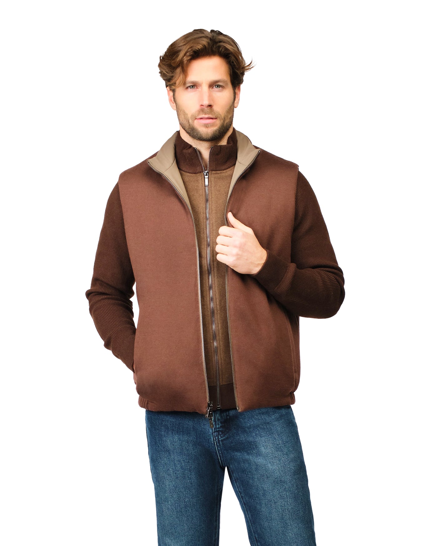 Man wearing a brown fleece jacket on a white background