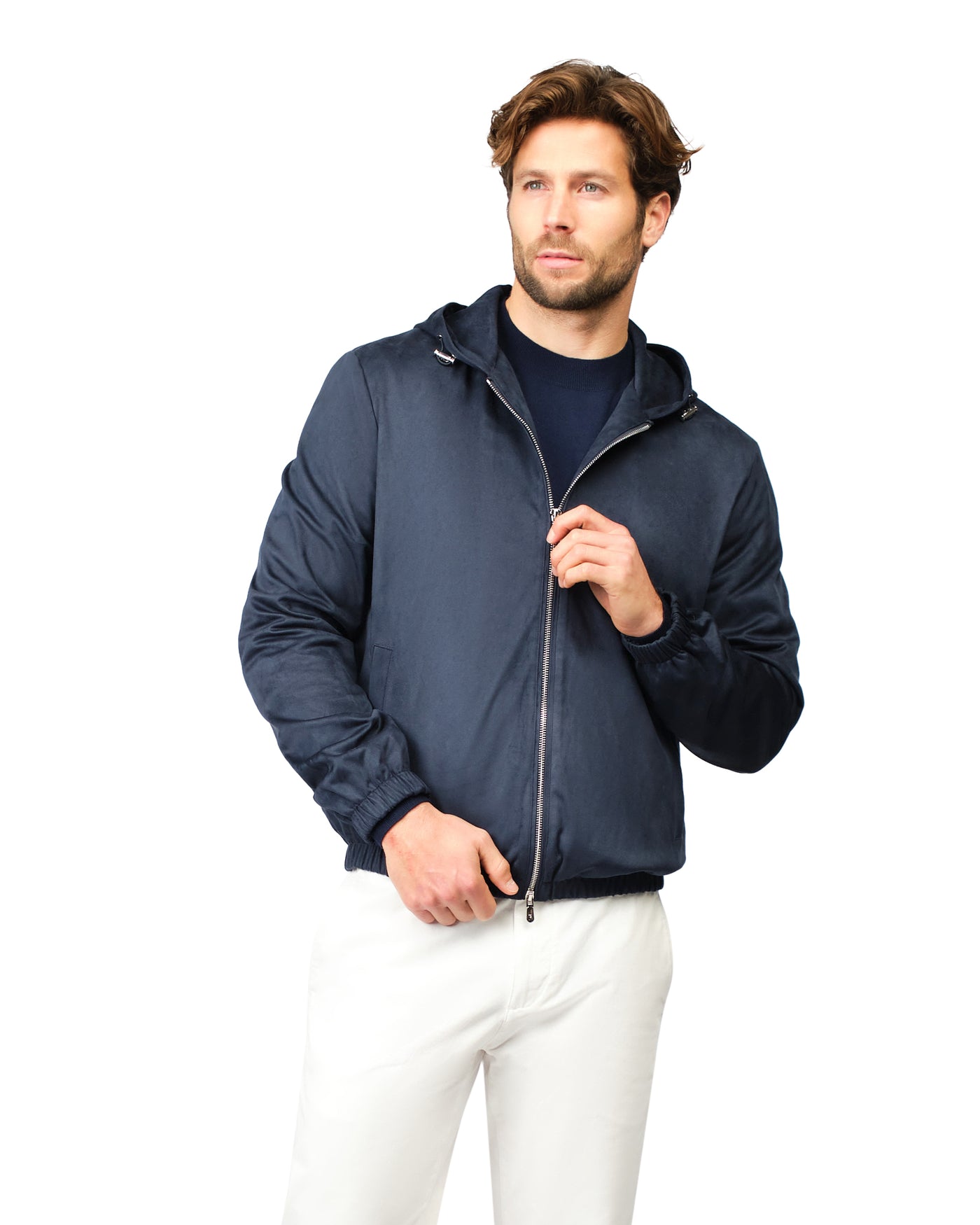Man wearing a navy blue jacket on a white background