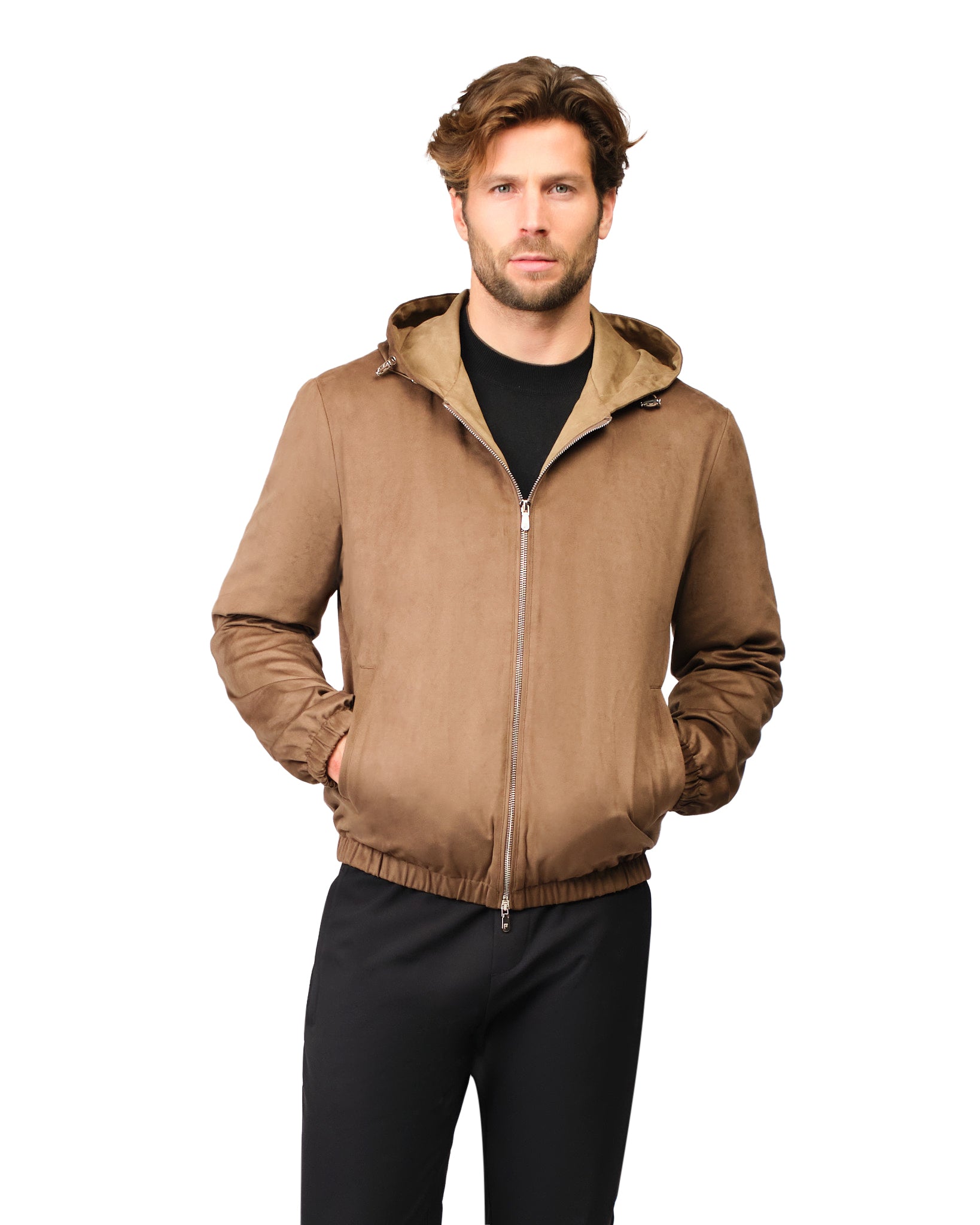 Man wearing a brown jacket on a white background