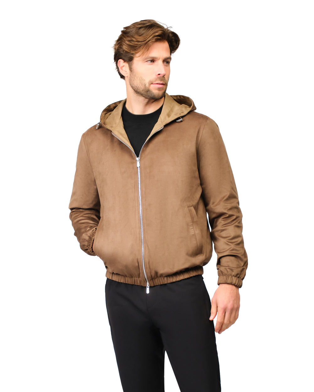 Man wearing a brown jacket with a hood on a white background