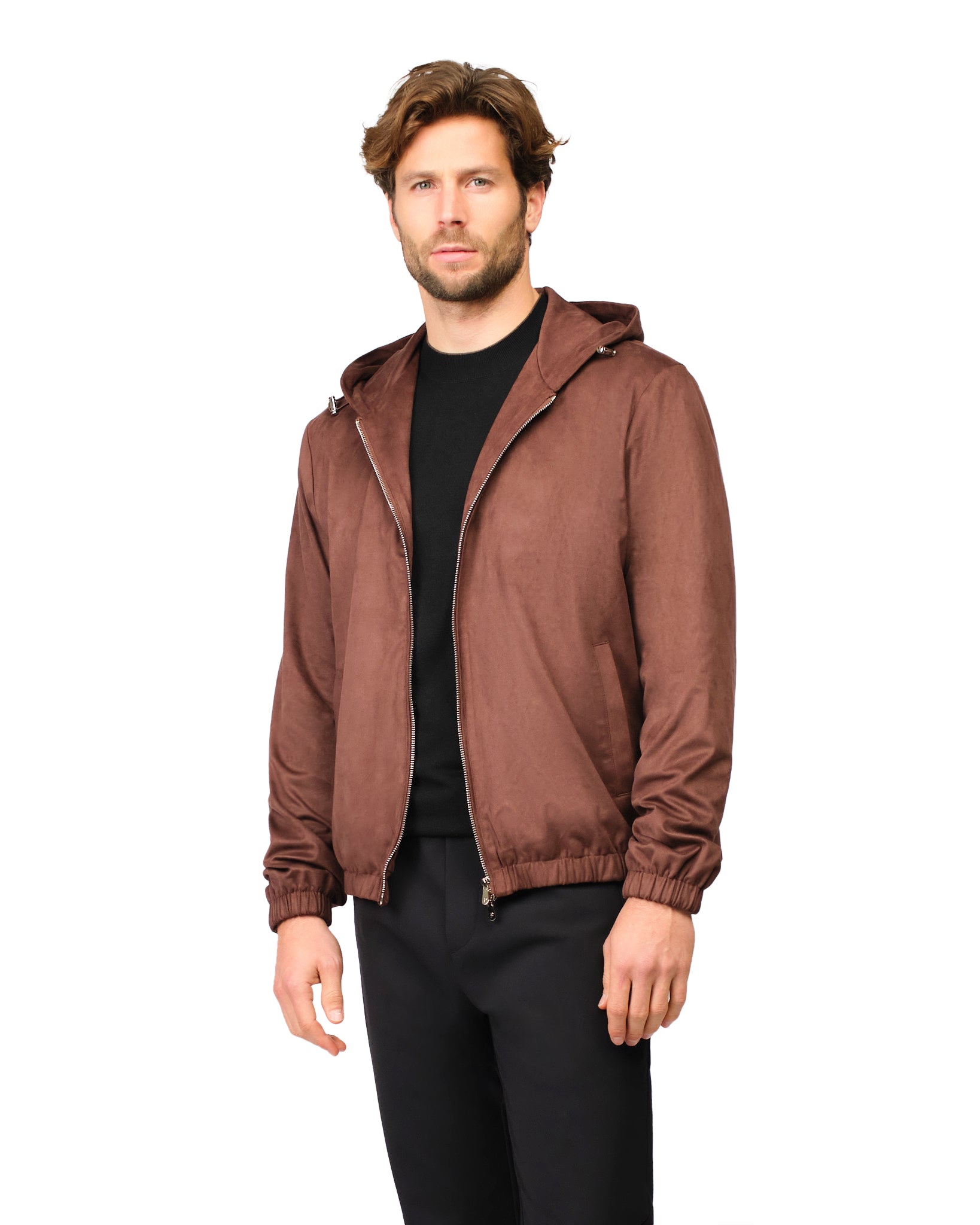 Man wearing a brown hooded jacket on a white background