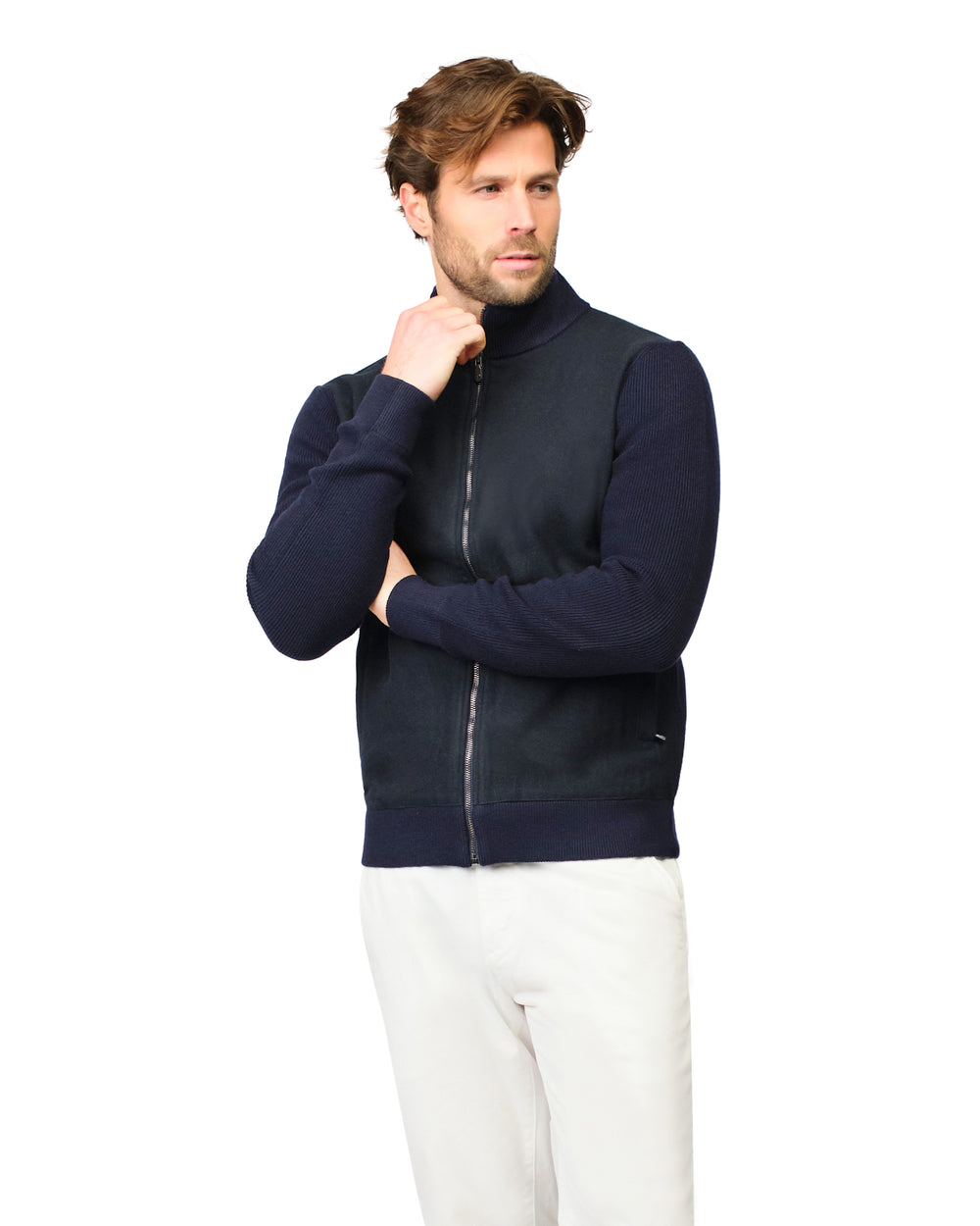 Man wearing a navy blue jacket on a white background