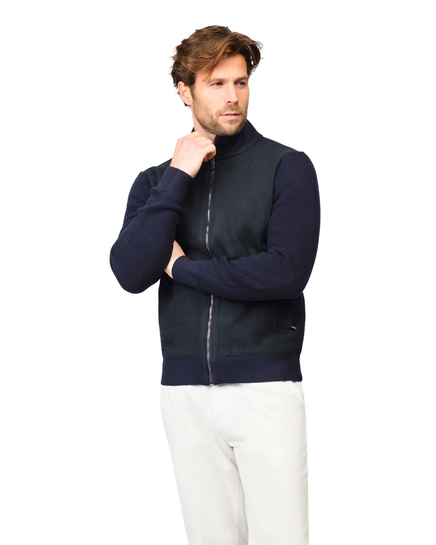 Man wearing a navy blue jacket on a white background