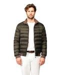 Man wearing a green puffer jacket on a white background