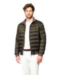 Man wearing a green puffer jacket on a white background