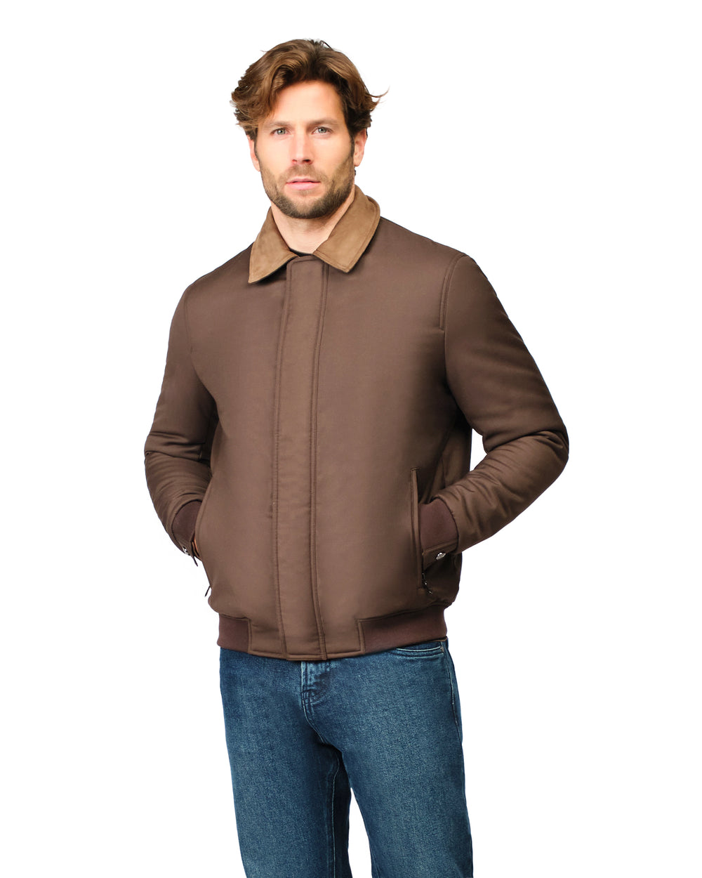 Man wearing a brown jacket with a beige collar on a white background