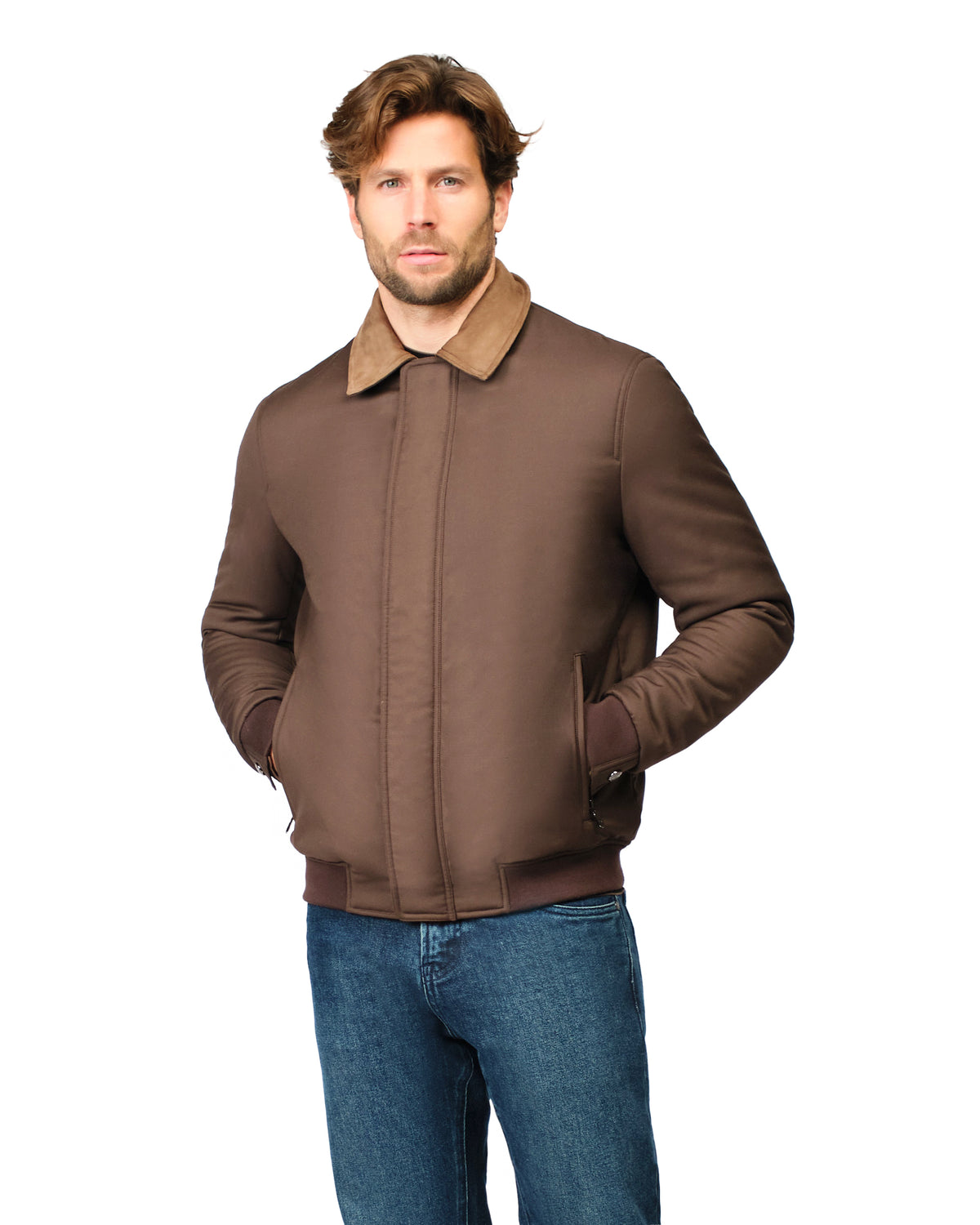 Man wearing a brown jacket with a beige collar on a white background