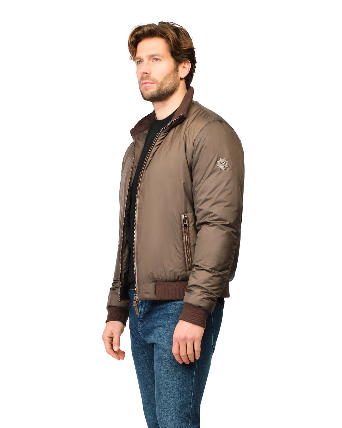 Man wearing a brown jacket on a white background