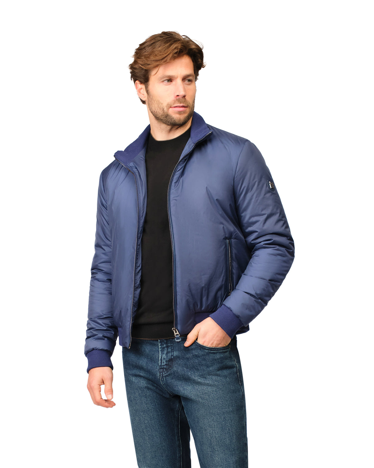 Man wearing a blue jacket on a white background