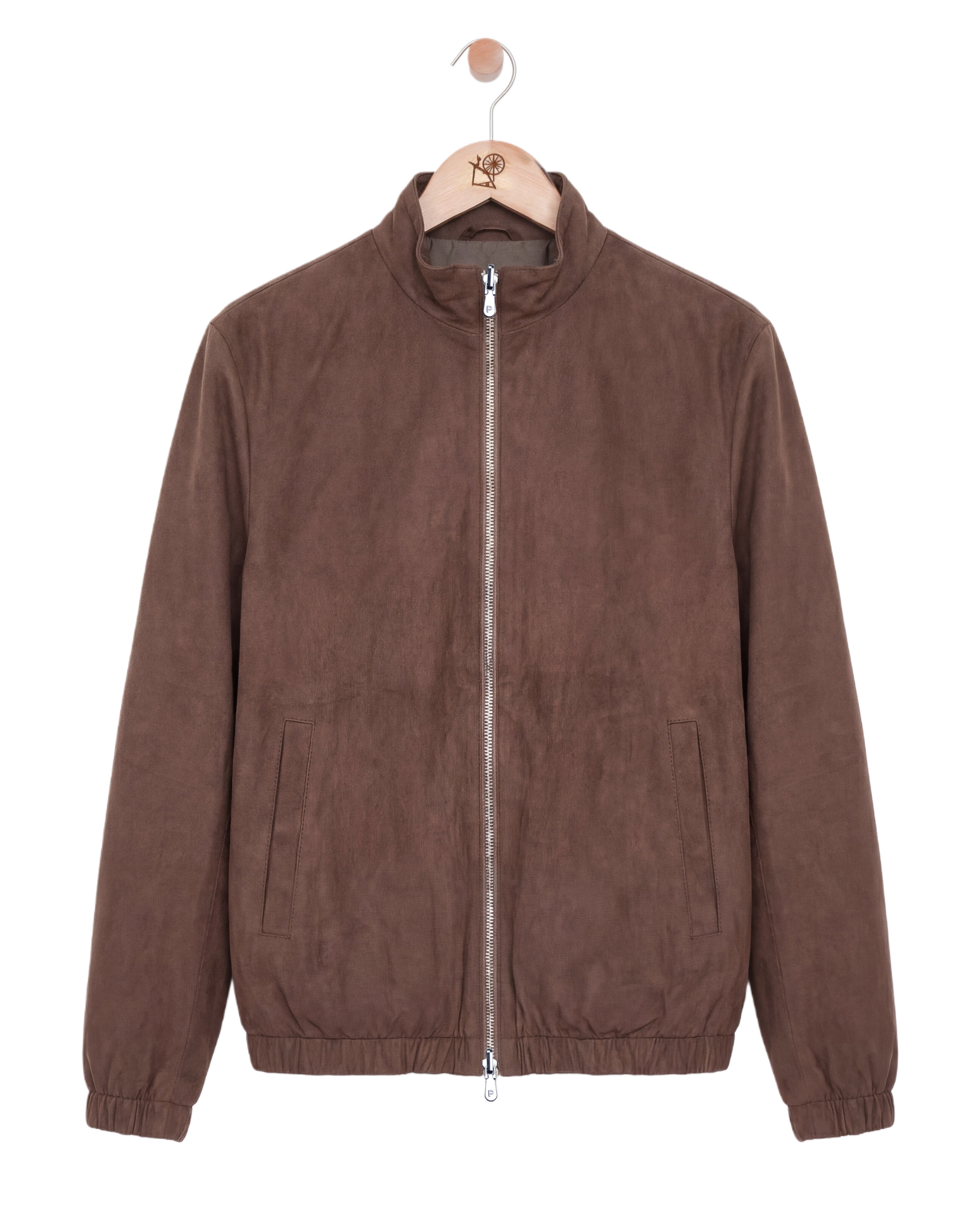 Brown jacket on a hanger against a white background