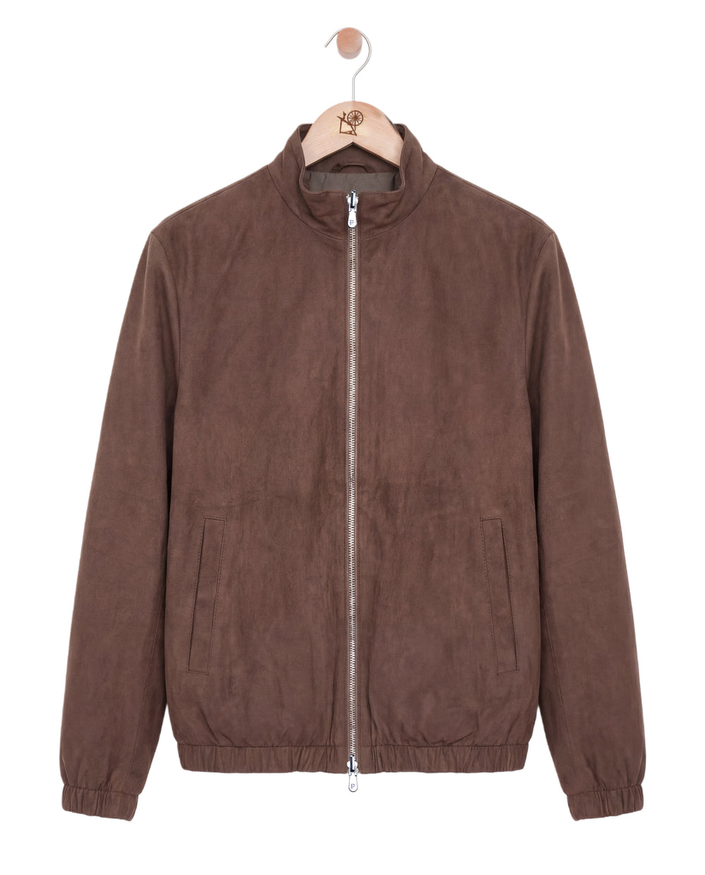 Brown jacket on a hanger against a white background