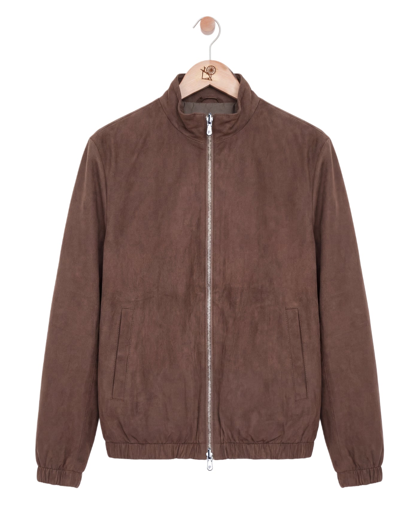 Brown jacket on a hanger against a white background