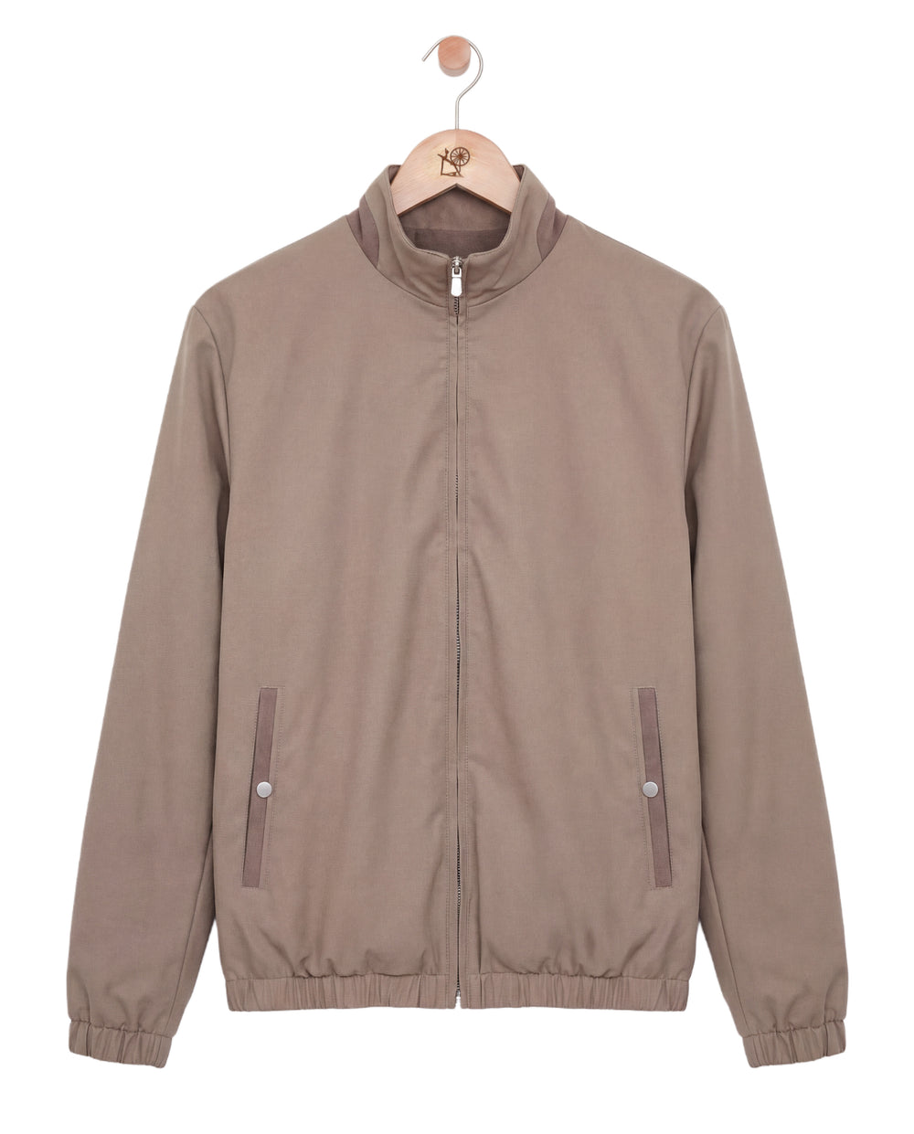 Brown jacket on a hanger against a white background