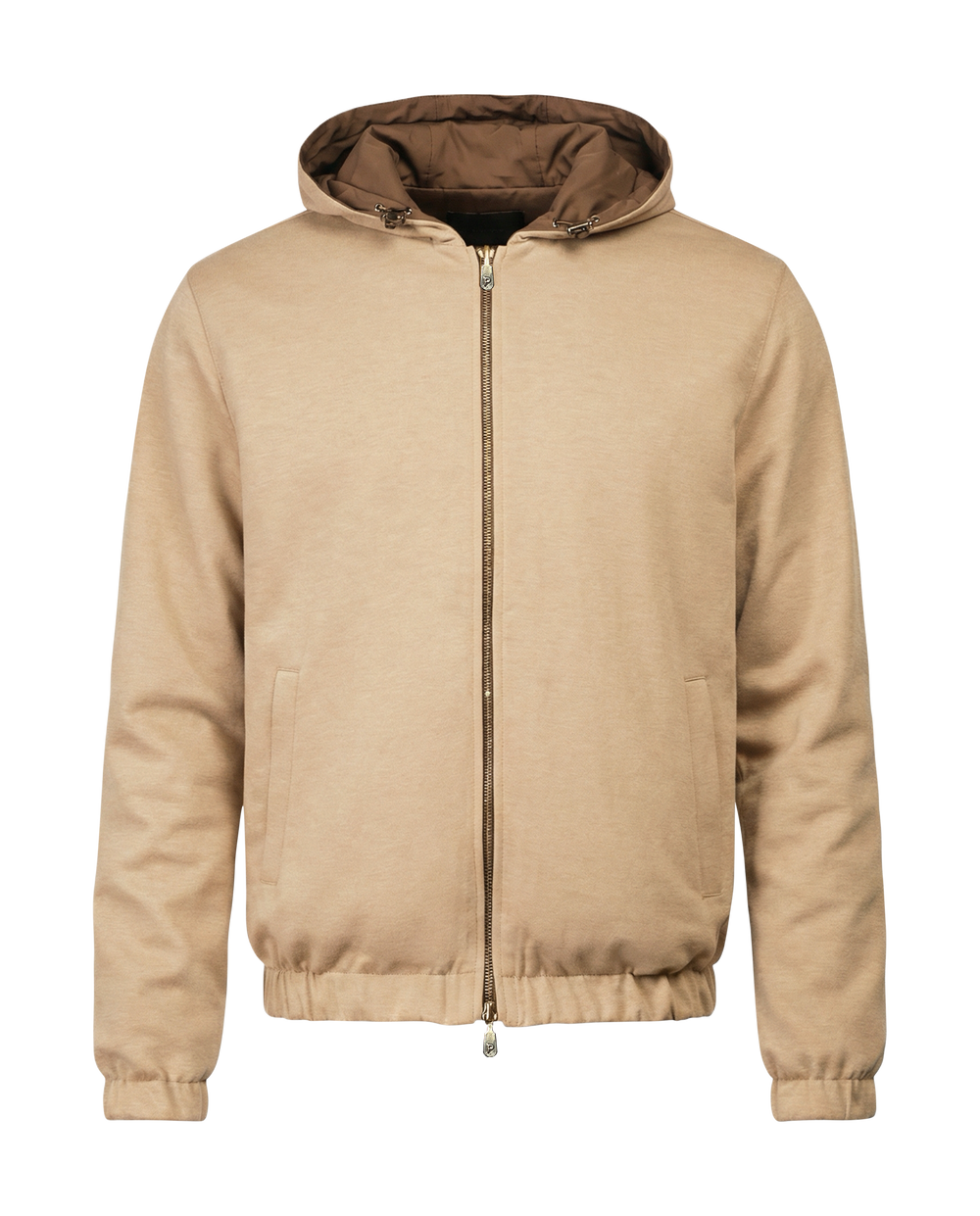 Beige jacket with a brown hood on a white background