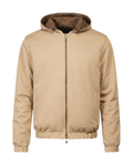 Beige jacket with a brown hood on a white background