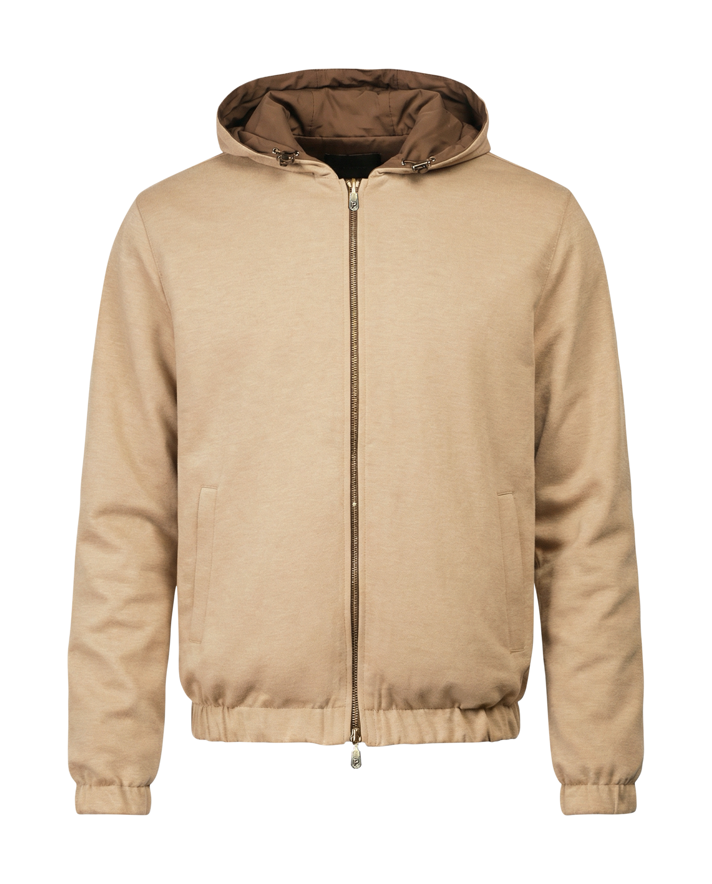 Beige jacket with a brown hood on a white background
