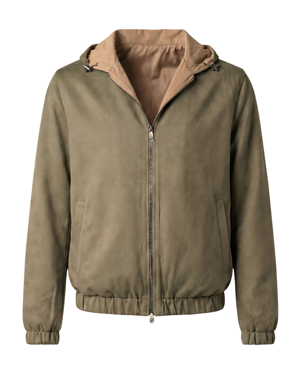 Green jacket with a brown hood on a white background