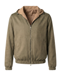 Green jacket with a brown hood on a white background
