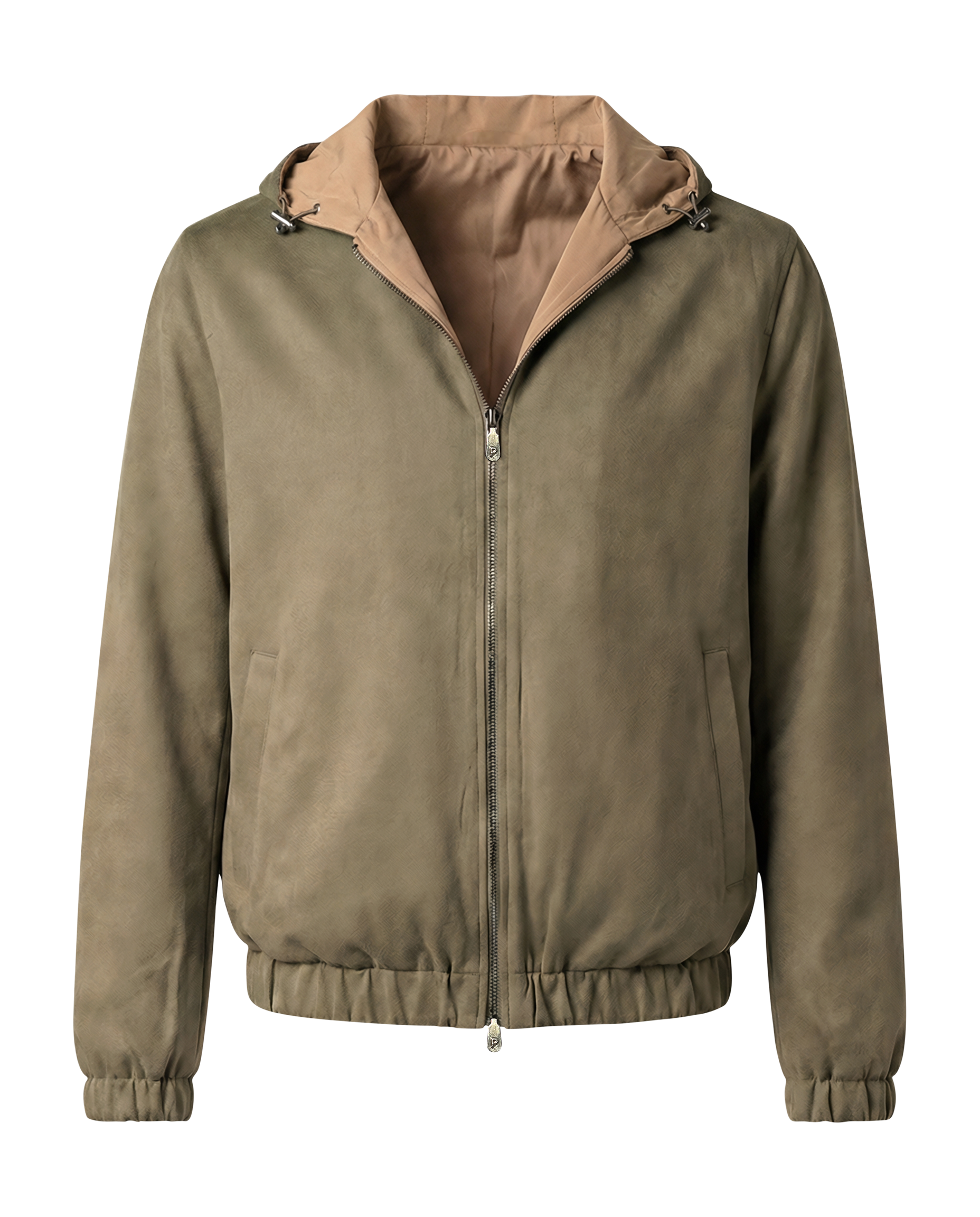 Green jacket with a brown hood on a white background