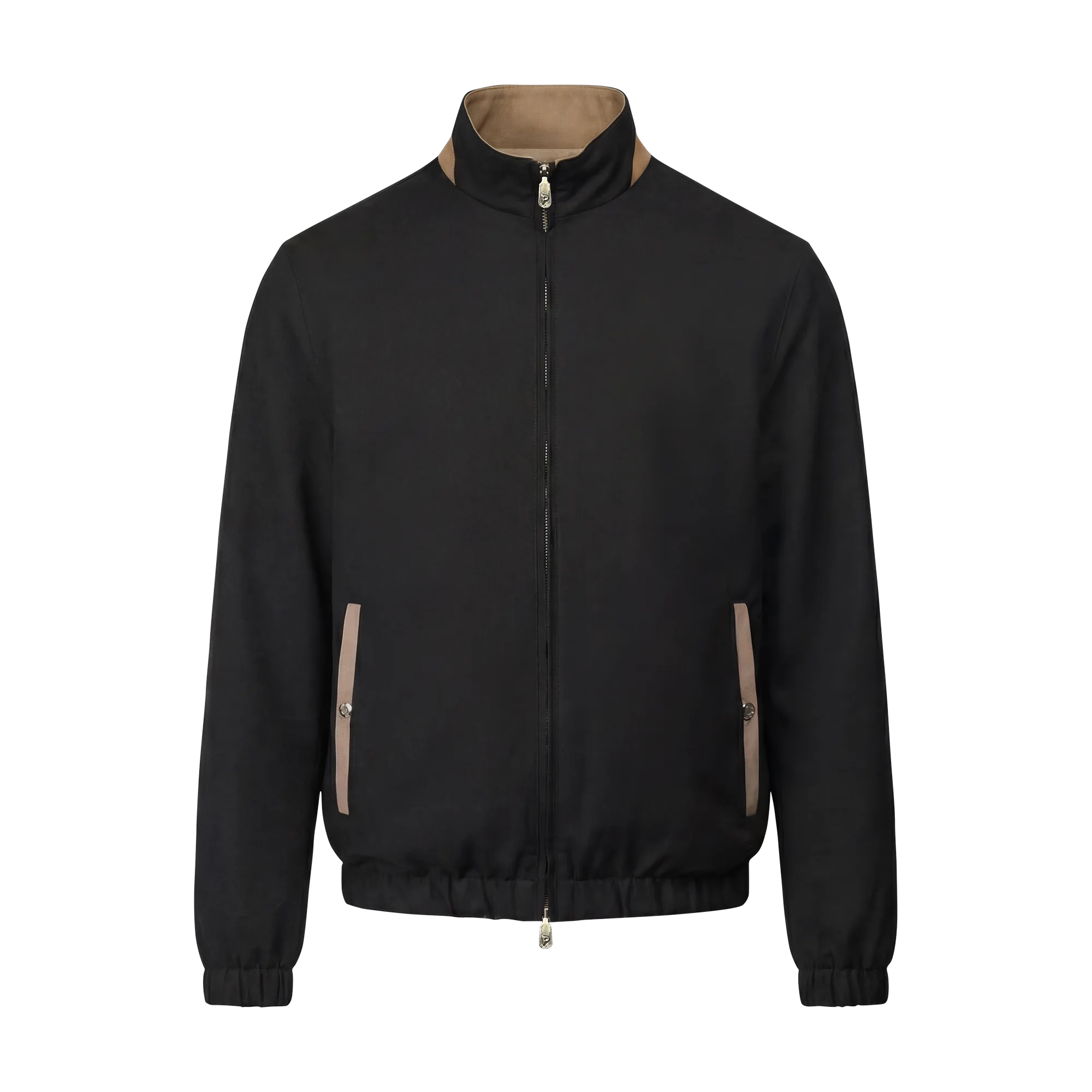 Black jacket with beige accents on a white background