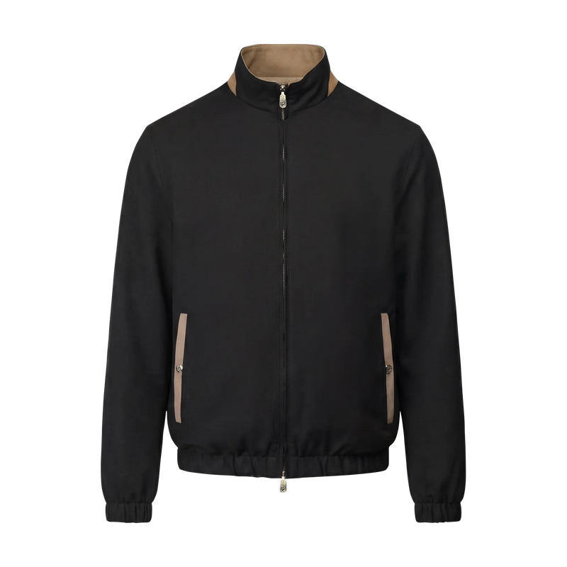Black jacket with beige accents on a white background