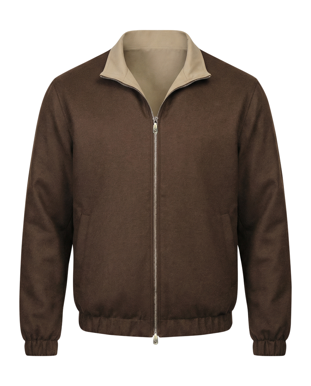 Brown jacket with beige collar on a white background