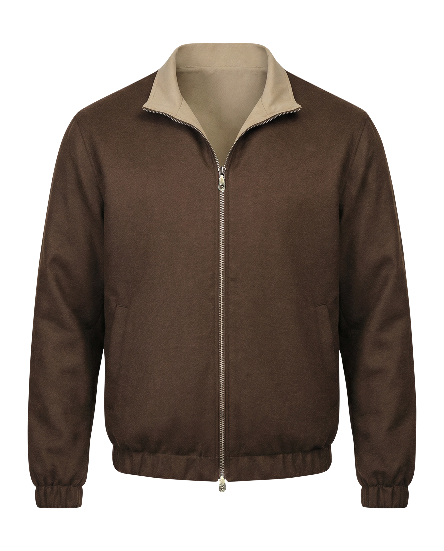 Brown jacket with beige collar on a white background