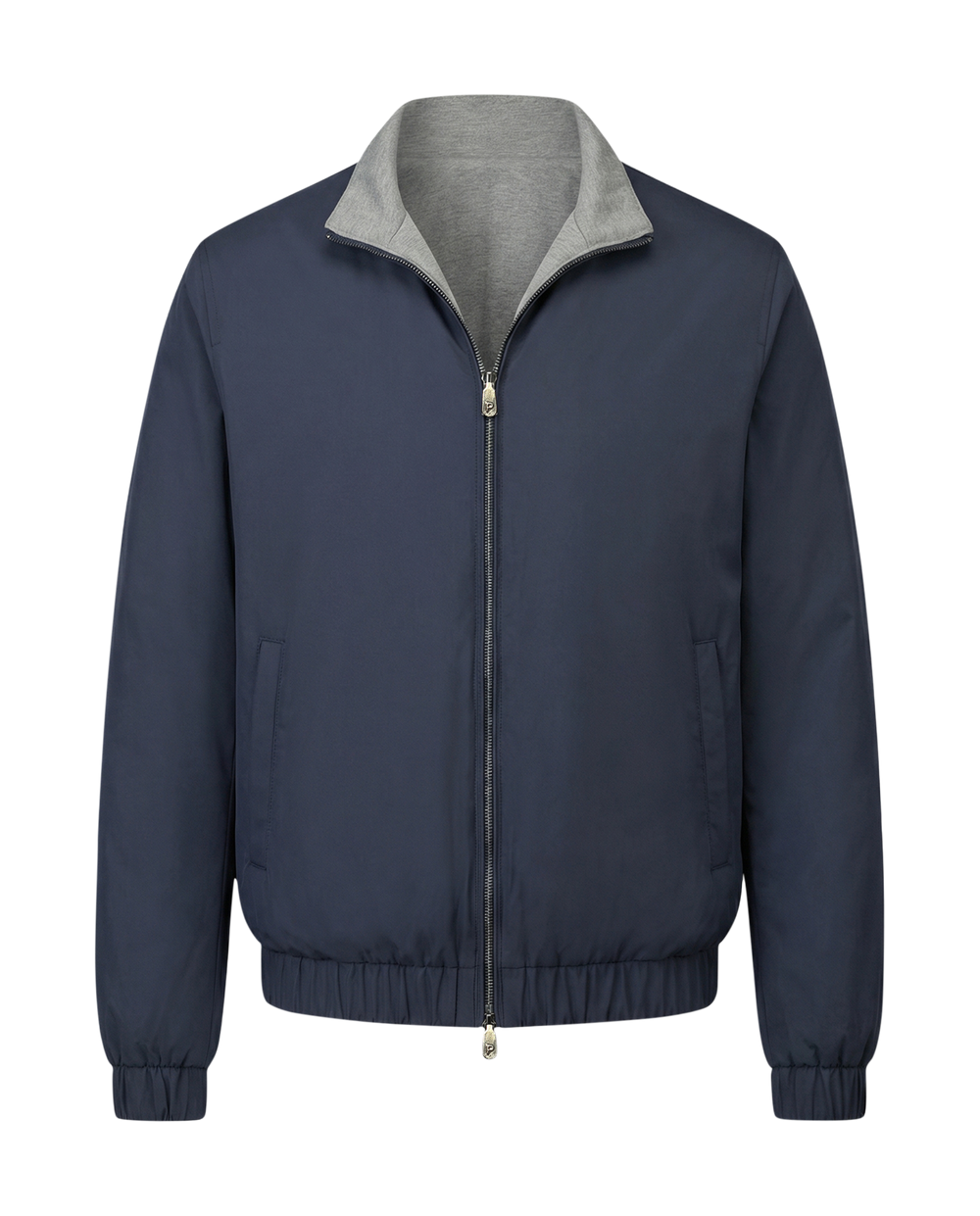 Navy blue jacket with gray collar on a white background