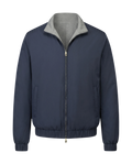 Navy blue jacket with gray collar on a white background