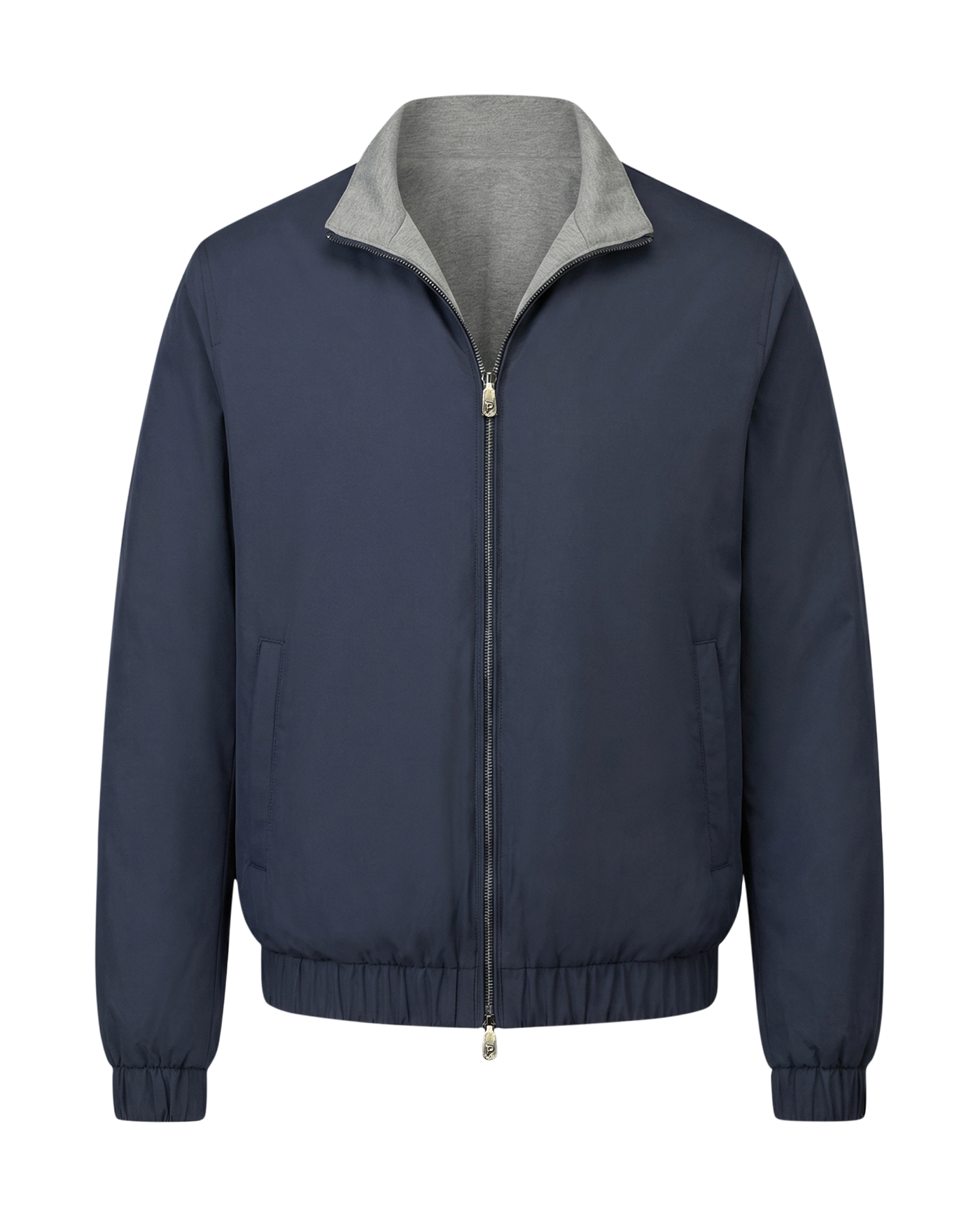 Navy blue jacket with gray collar on a white background
