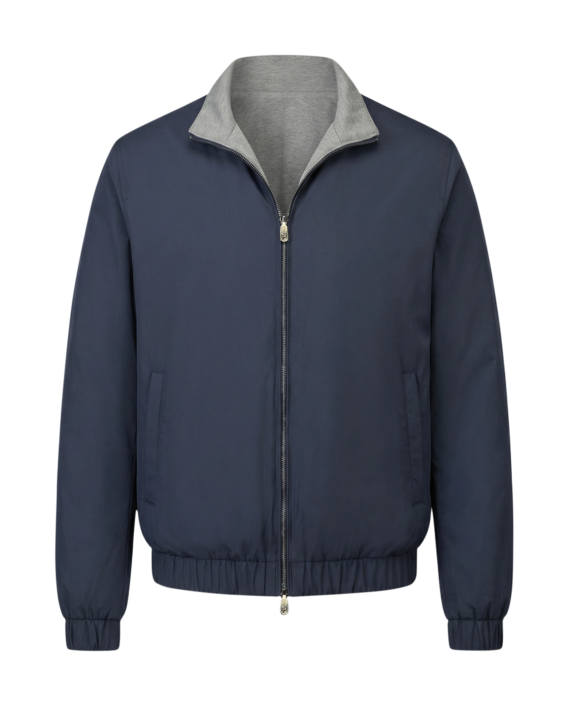 Navy blue jacket with gray collar on a white background