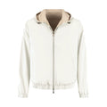 White jacket with beige hood on a white background