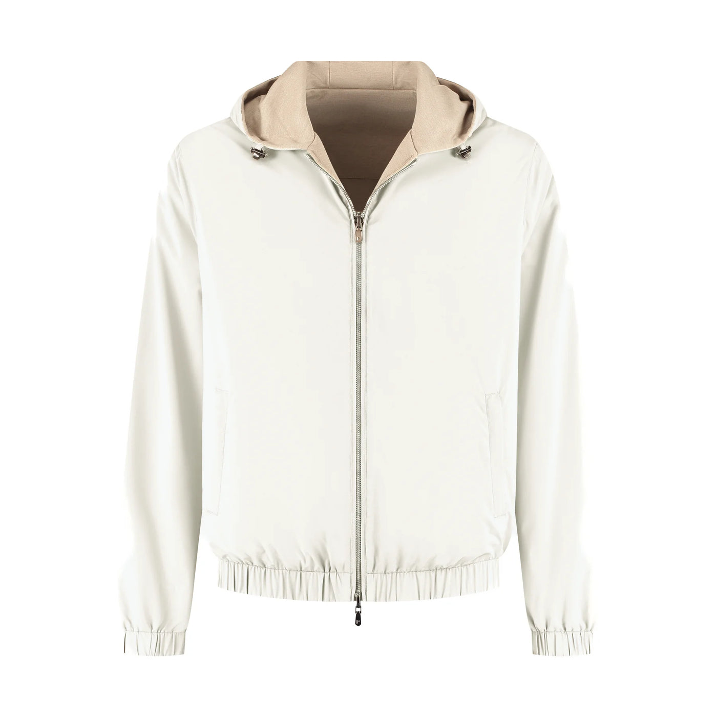 White jacket with beige hood on a white background