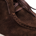 Close-up of a brown suede shoe with visible stitching