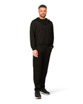 Man wearing a black hoodie and pants on a white background
