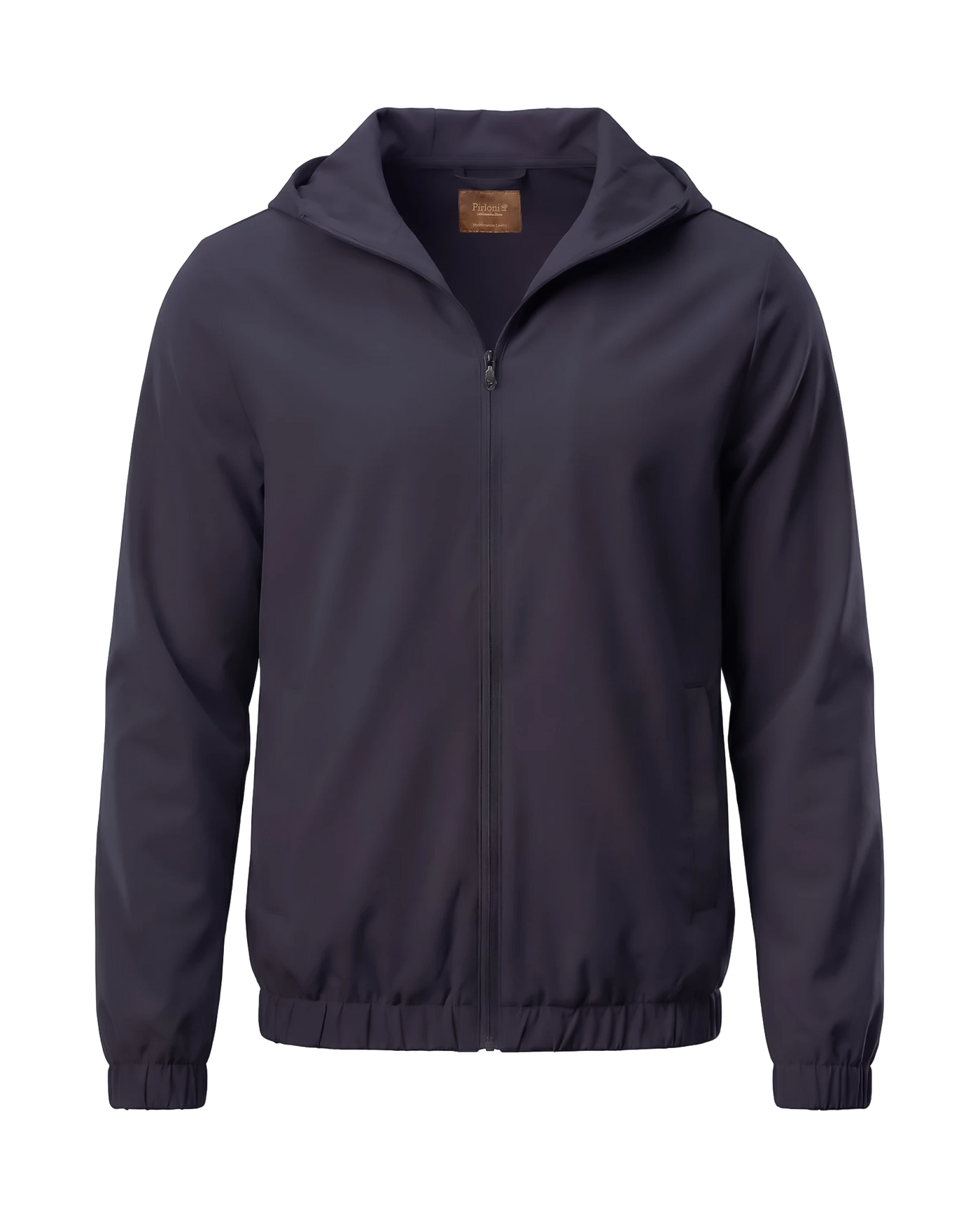 Navy blue jacket with a brand logo on a white background
